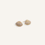 Gold plated shell stud earrings with rows of clear crystals.
