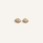 Gold plated shell stud earrings with rows of clear crystals.
