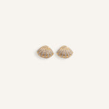 Gold plated shell stud earrings with rows of clear crystals.
