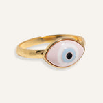 Gold evil eye bracelet with 3D enamel charm on fixed-size chain, styled for women..