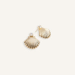 Gold plated shell earrings with square cut crystal tops, shown from front and side angles.
