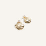 Gold plated shell earrings with square cut crystal tops, shown from front and side angles.
