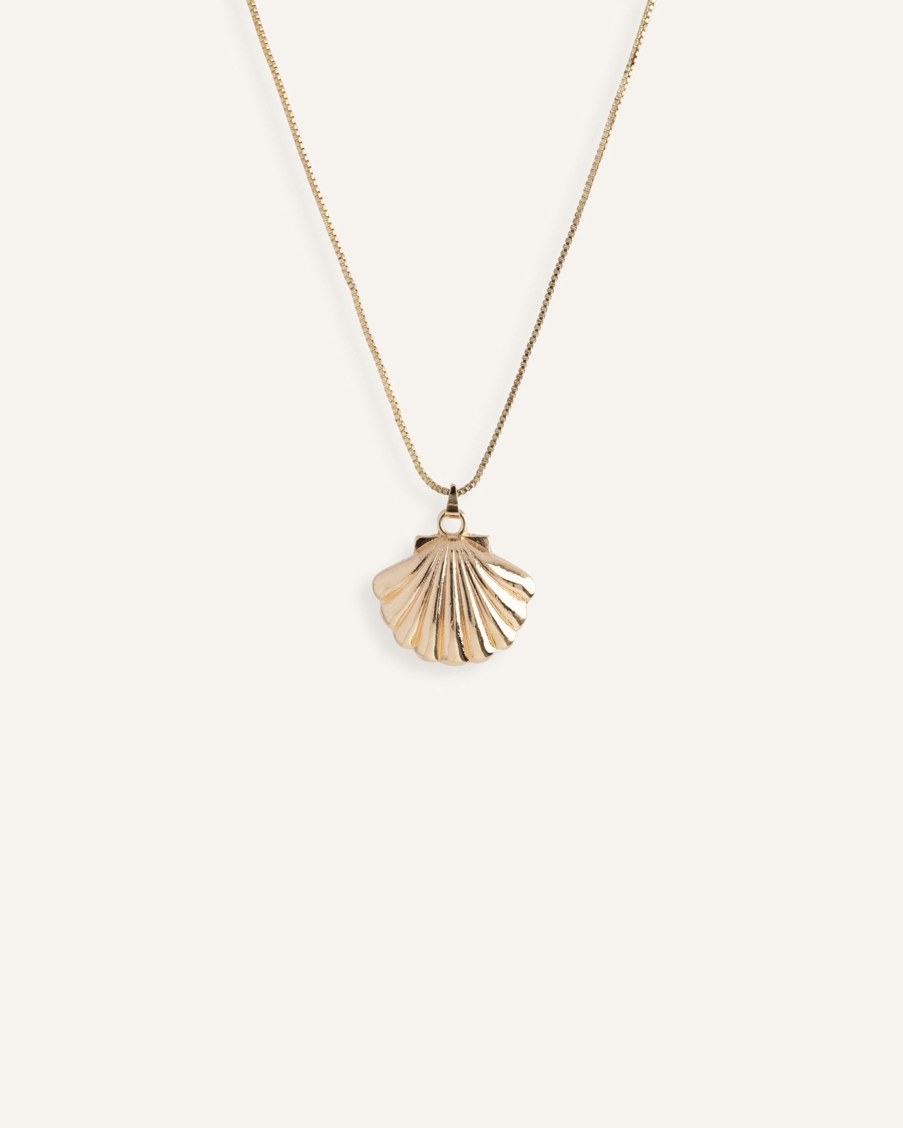 Minimal gold necklace with shell-shaped pendant.