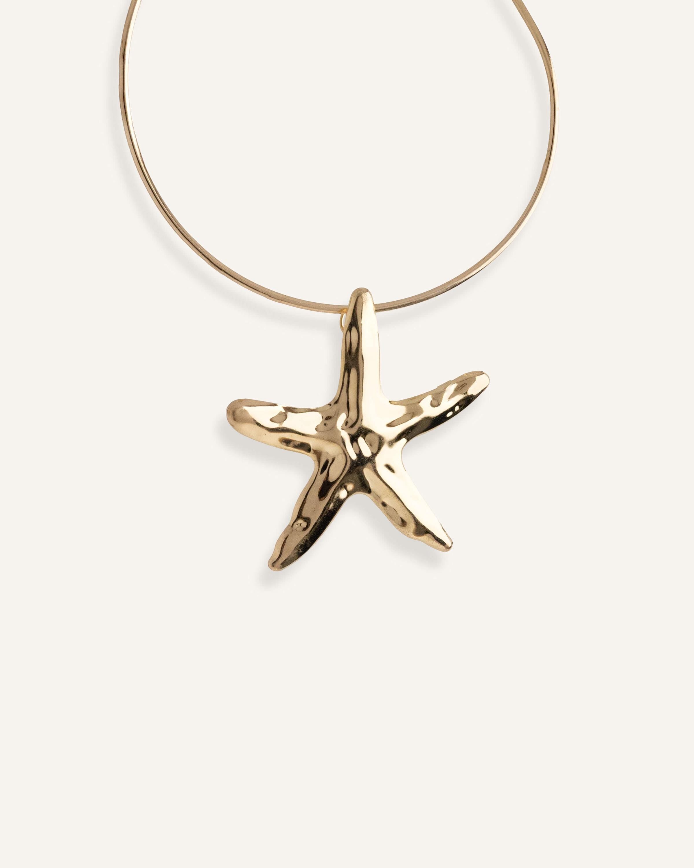 Structured gold choker necklace with large starfish pendant.