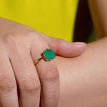 Adjustable gold plated ring with faceted green gemstone in a prong setting, bold statement cocktail ring for women, open band fashion jewelry gift