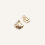 Gold plated shell earrings with square cut crystal tops, shown from front and side angles.