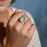 Adjustable gold plated ring with large oval blue textured stone, open band statement cocktail ring for women, bold summer fashion jewelry gift