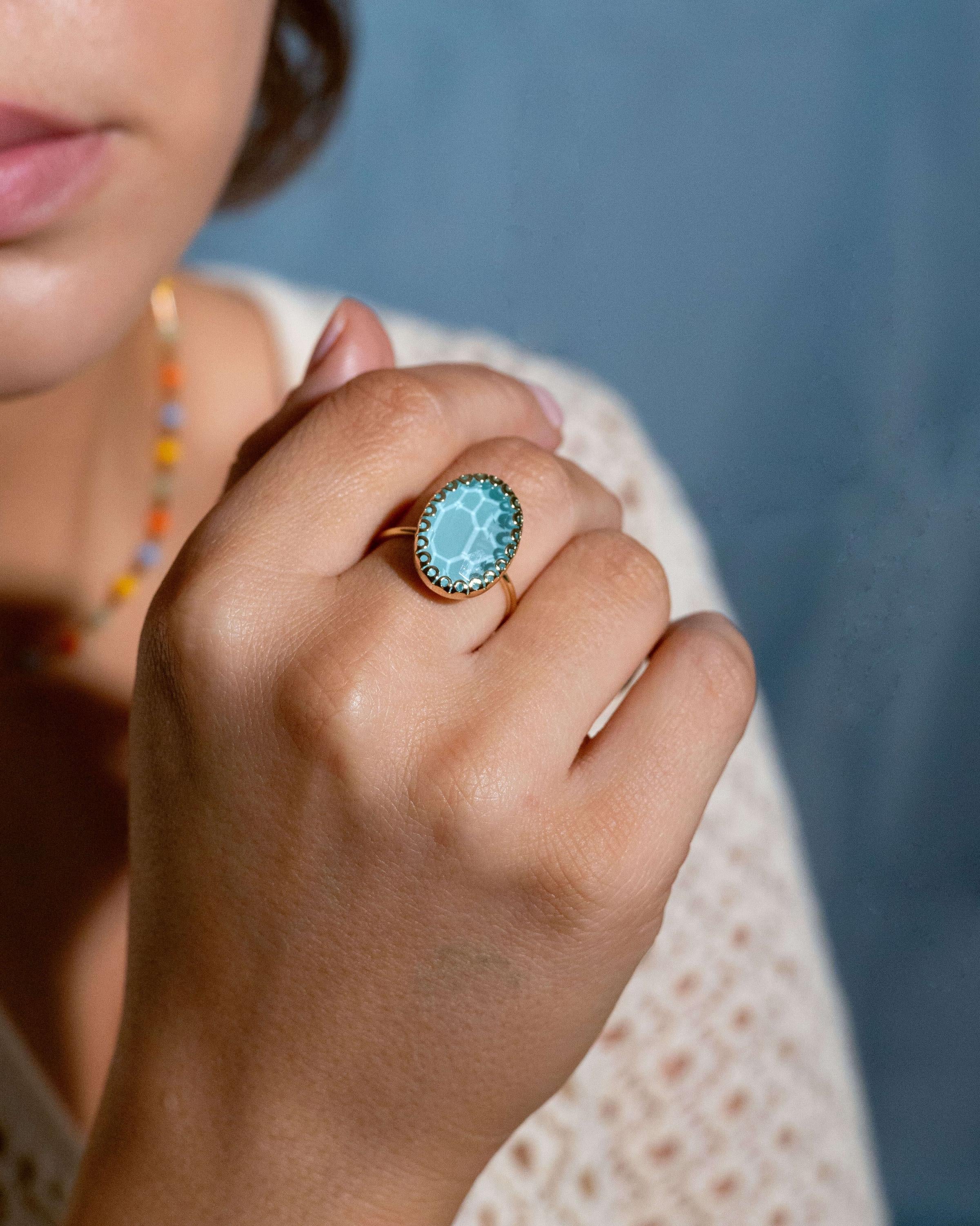 Adjustable gold plated ring with large oval blue textured stone, open band statement cocktail ring for women, bold summer fashion jewelry gift