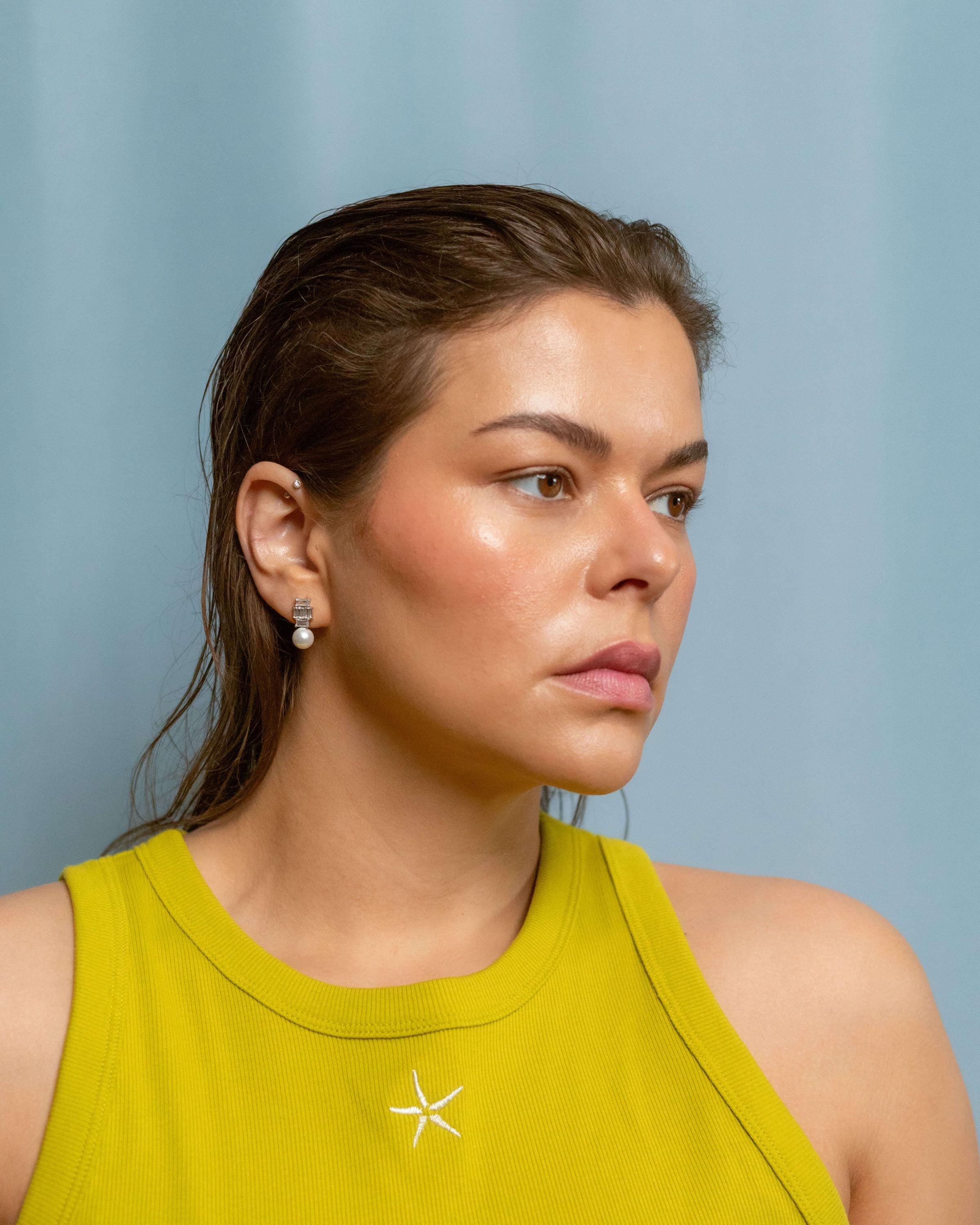 Rhodium plated drop earrings with cubic zirconia and pearl accents, elegant bridal or wedding jewelry for women