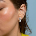 Rhodium plated drop earrings with cubic zirconia and pearl accents, elegant bridal or wedding jewelry for women