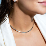 Rhodium plated flat snake chain choker necklace with high-shine finish, modern minimalist collar necklace, statement layering jewelry for women
