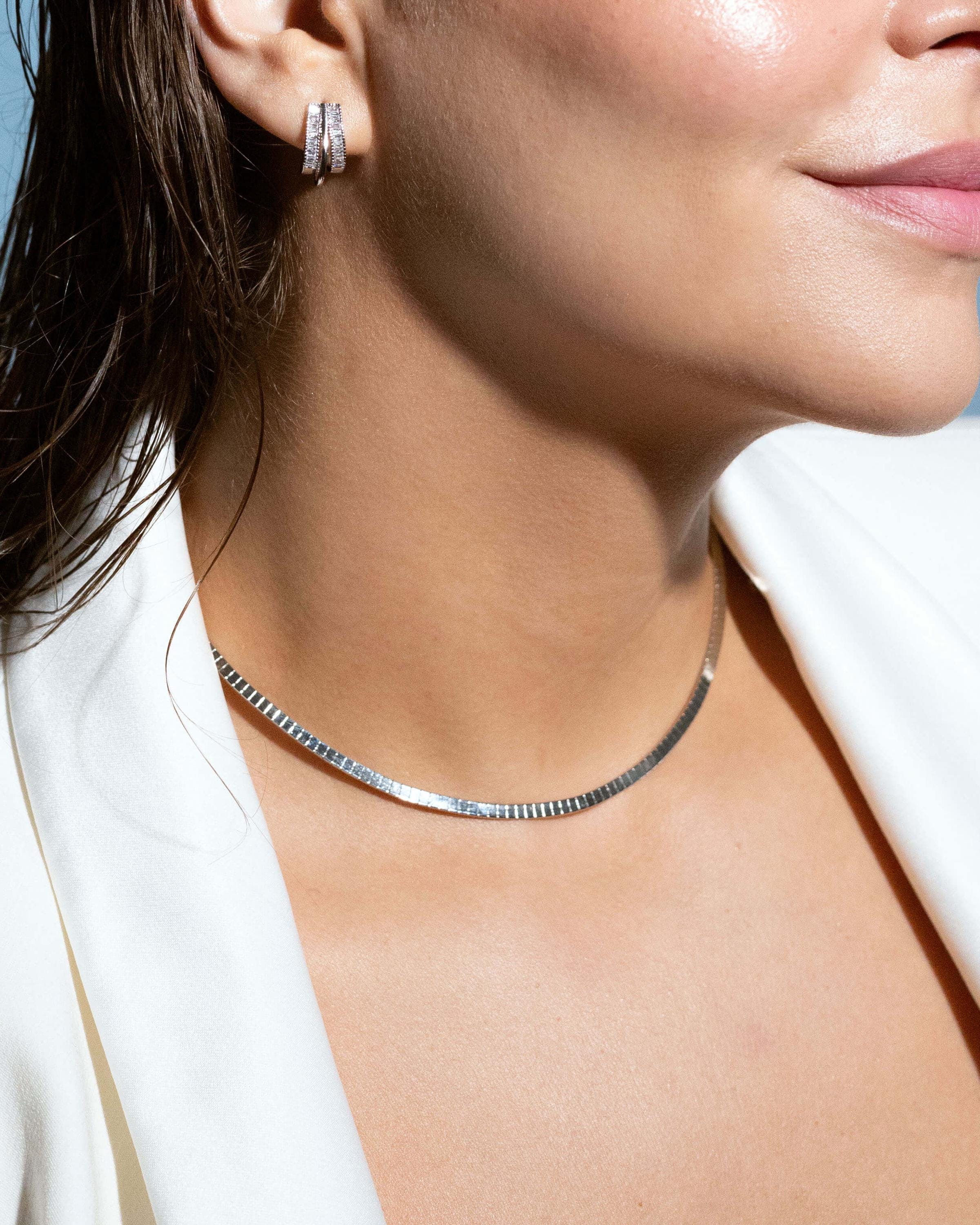 Rhodium plated flat snake chain choker necklace with high-shine finish, modern minimalist collar necklace, statement layering jewelry for women