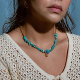 Chunky turquoise chip beaded necklace with blue fish bead and gold starfish charm, gold filled chain, boho coastal jewelry, summer beach style accessory