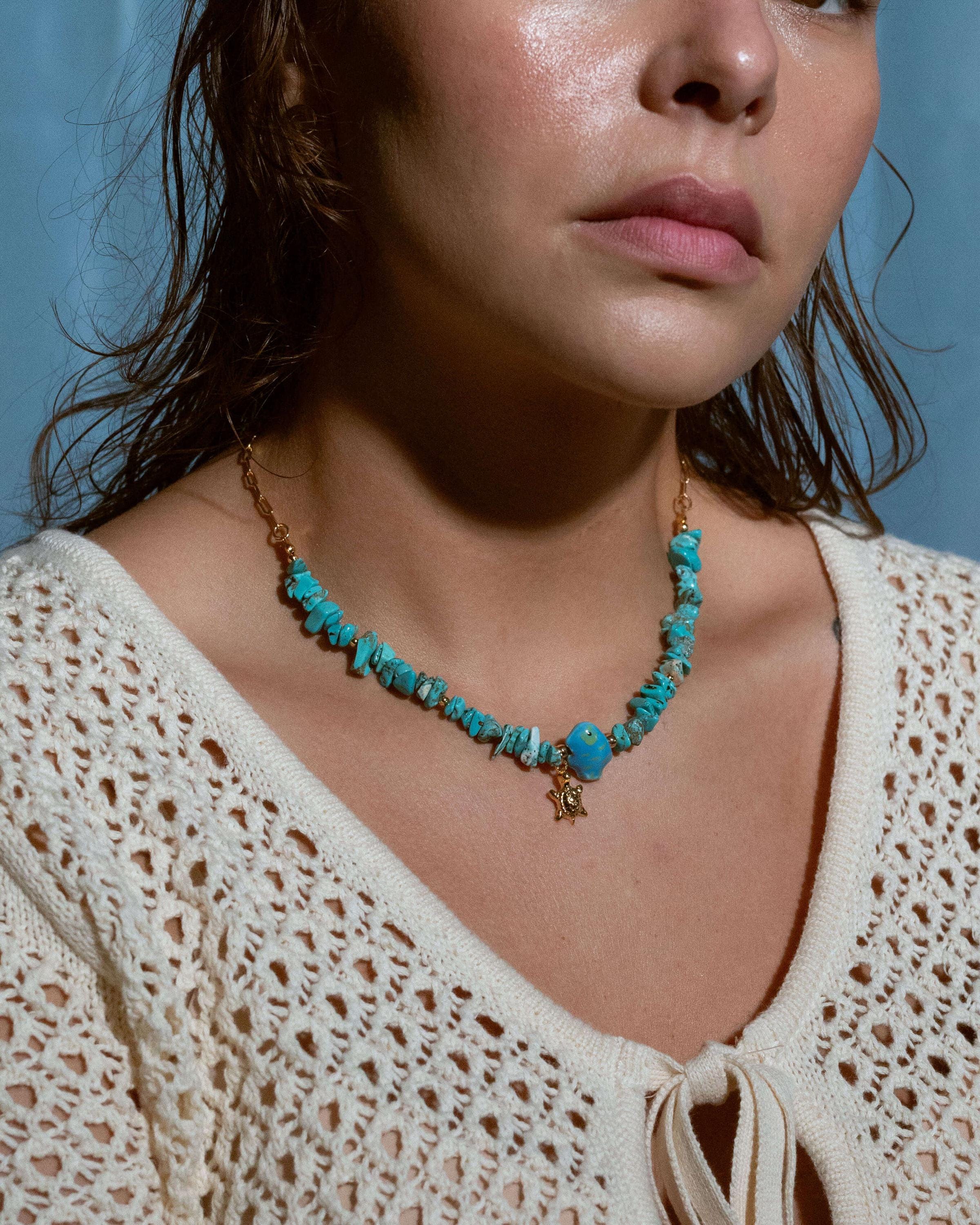 Chunky turquoise chip beaded necklace with blue fish bead and gold starfish charm, gold filled chain, boho coastal jewelry, summer beach style accessory