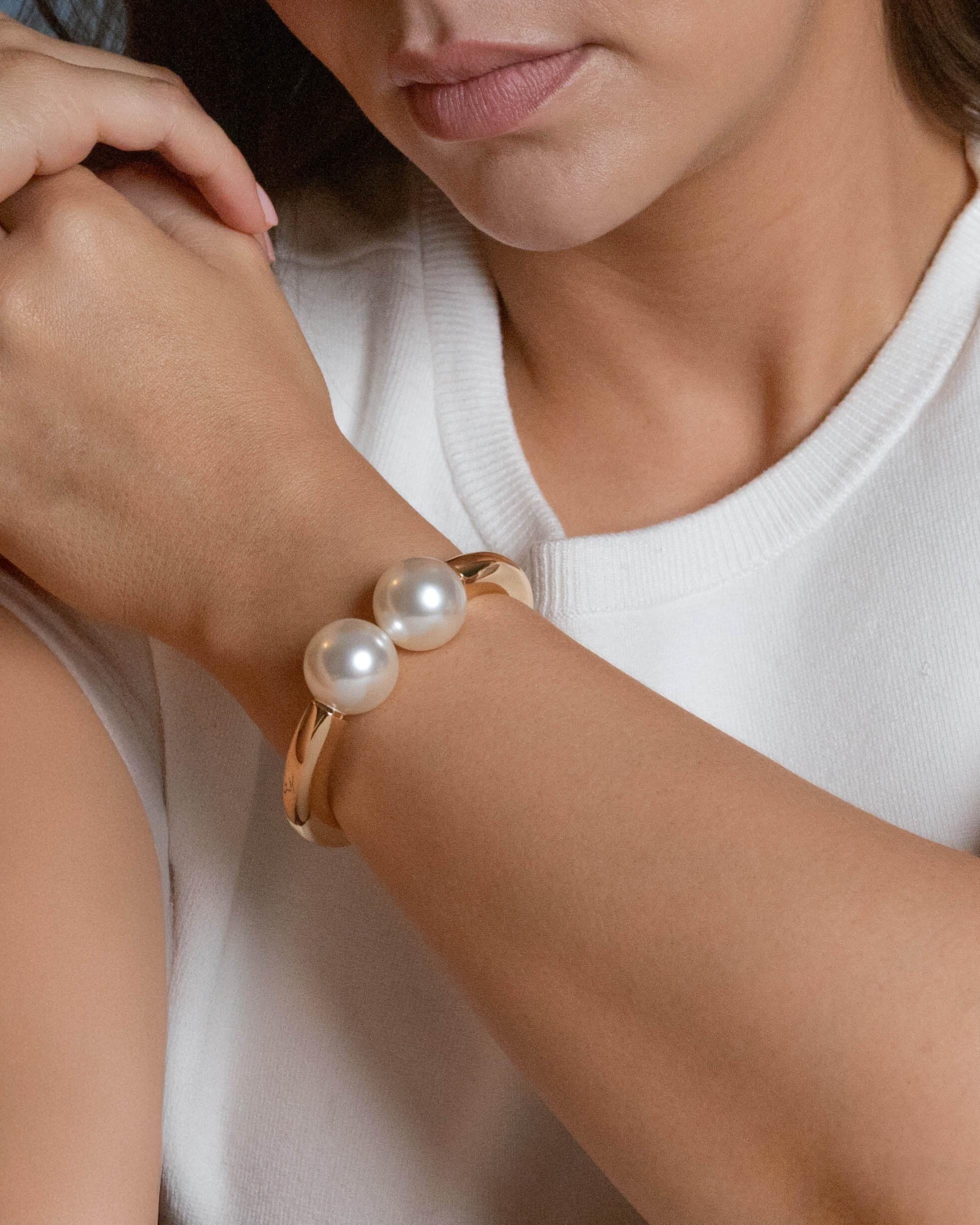 gold plated double pearl bracelet with two white pearls, modern minimalist bangle jewelry for women