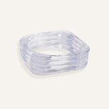 Clear resin square bracelet with curved edges, shown stacked and solo