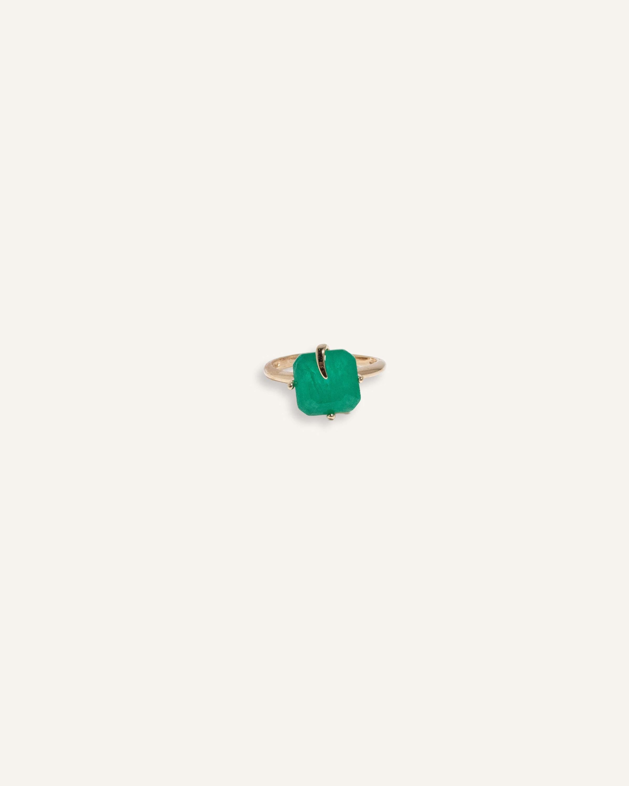 Adjustable gold plated ring with faceted green gemstone in a prong setting, bold statement cocktail ring for women, open band fashion jewelry gift