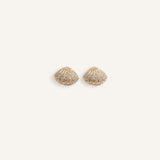 Pair of gold plated shell stud earrings with sparkly cubic zirconia, elegant coastal summer jewelry, hypoallergenic beach earrings for women