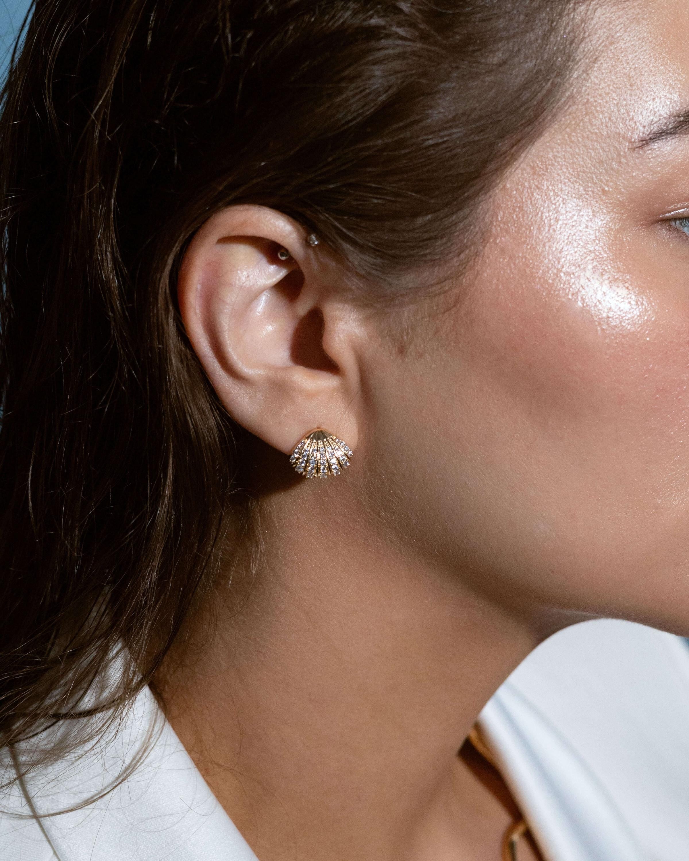 Dainty gold shell earrings with pavé cubic zirconia detailing, ocean-inspired earrings for women, lightweight and sparkly summer jewelry