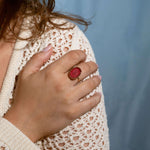 Gold plated adjustable ring with deep red oval stone and hammered finish, elegant open band statement ring, stylish bold jewelry for her