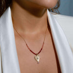 Pink and wine red gemstone beaded necklace with 14k gold filled heart pendant and crystal charm, handcrafted dainty jewelry gift for women