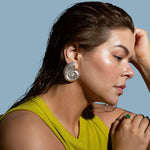 Rhodium plated nautilus shell earrings, silver-tone spiral seashell studs, bold ocean-inspired statement jewelry, coastal summer earrings for women