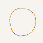 Colorful pastel bead necklace with yellow, orange, blue, and mint green beads on gold-filled chain, dainty summer jewelry for women, festival style choker