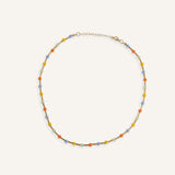 Colorful pastel bead necklace with yellow, orange, blue, and mint green beads on gold-filled chain, dainty summer jewelry for women, festival style choker