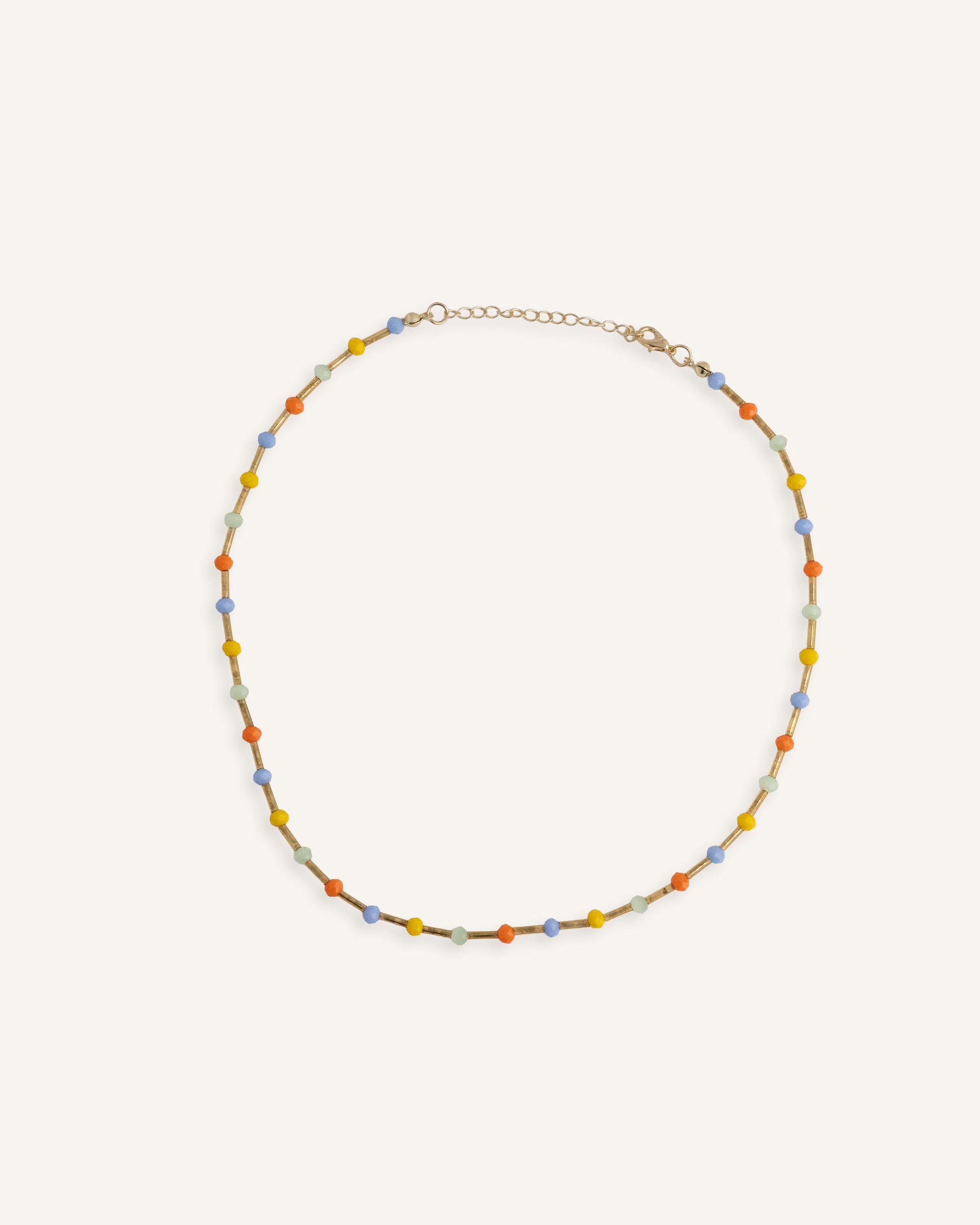 Colorful pastel bead necklace with yellow, orange, blue, and mint green beads on gold-filled chain, dainty summer jewelry for women, festival style choker