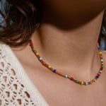 Rainbow cube beaded necklace with red, blue, yellow, and green tube beads, 14k gold filled summer choker, colorful layering necklace gift idea