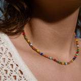 Rainbow cube beaded necklace with red, blue, yellow, and green tube beads, 14k gold filled summer choker, colorful layering necklace gift idea