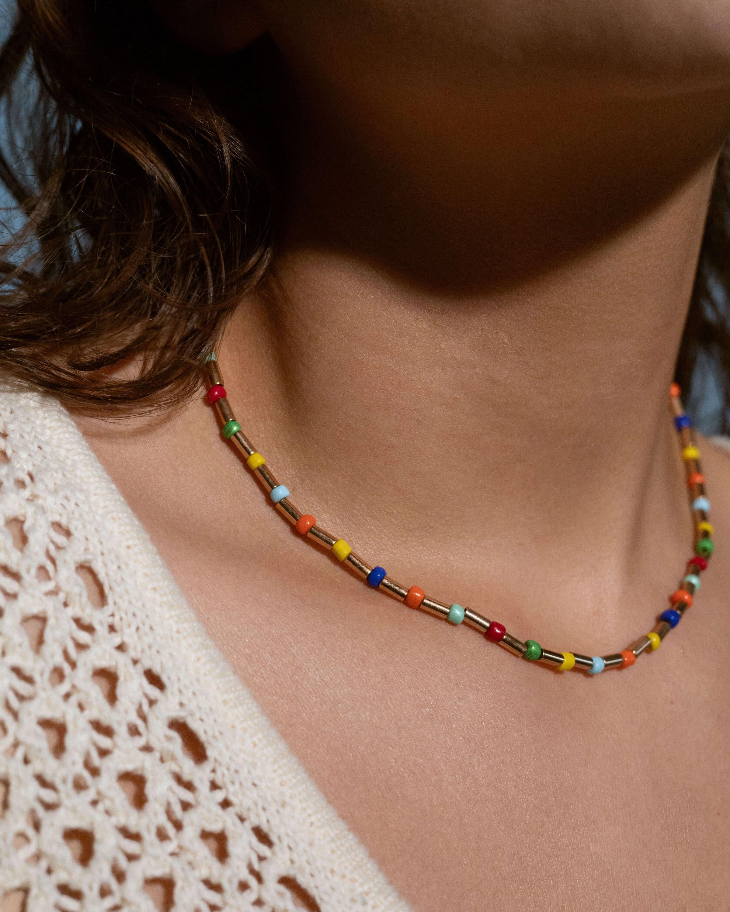 Rainbow cube beaded necklace with red, blue, yellow, and green tube beads, 14k gold filled summer choker, colorful layering necklace gift idea