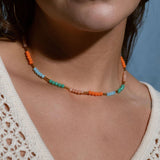 Bright multi-color beaded necklace with aqua, green, orange, and nude beads on 14k gold filled chain, lightweight summer jewelry for beach days