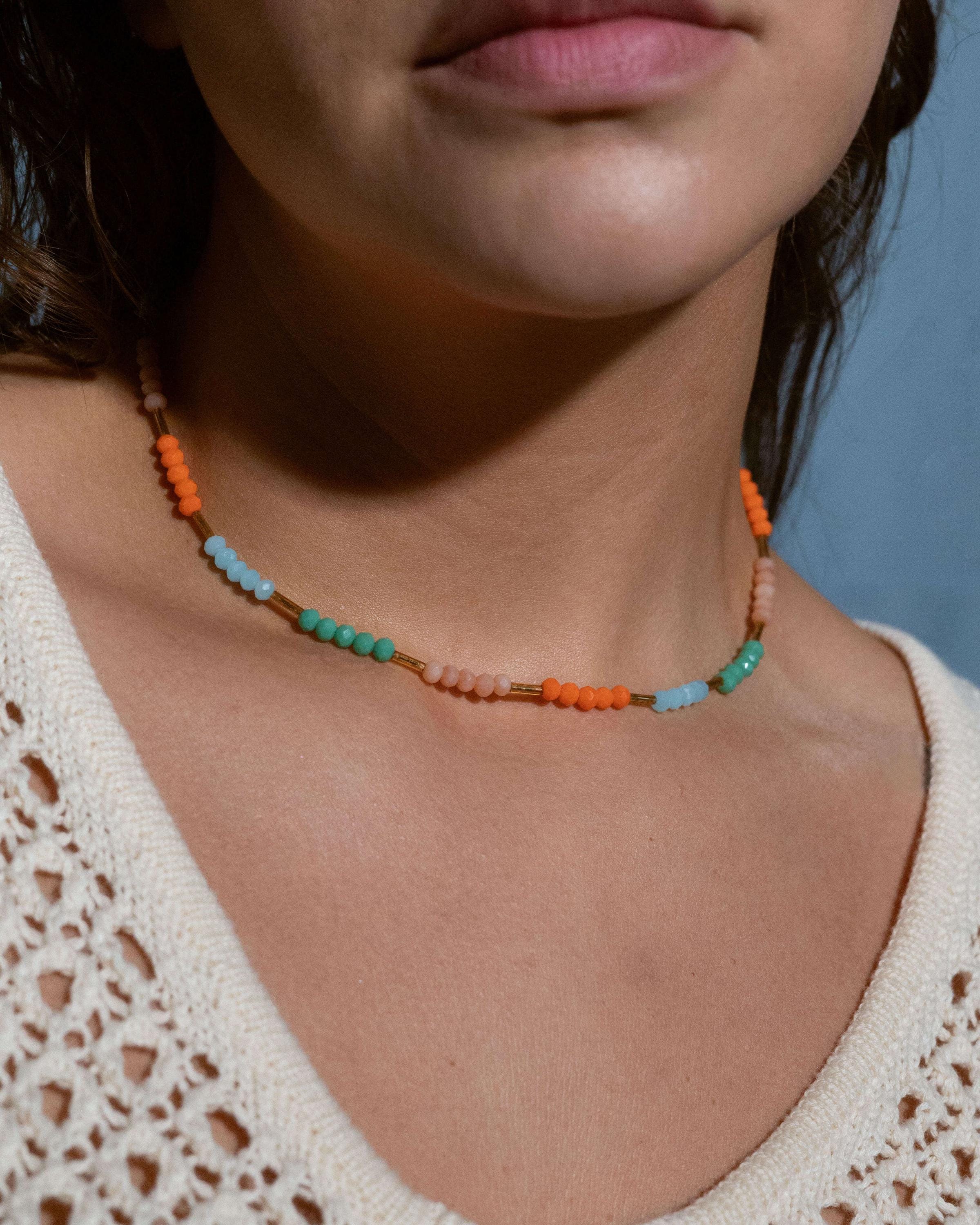 Bright multi-color beaded necklace with aqua, green, orange, and nude beads on 14k gold filled chain, lightweight summer jewelry for beach days