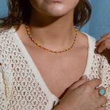 Colorful pastel bead necklace with yellow, orange, blue, and mint green beads on gold-filled chain, dainty summer jewelry for women, festival style choker