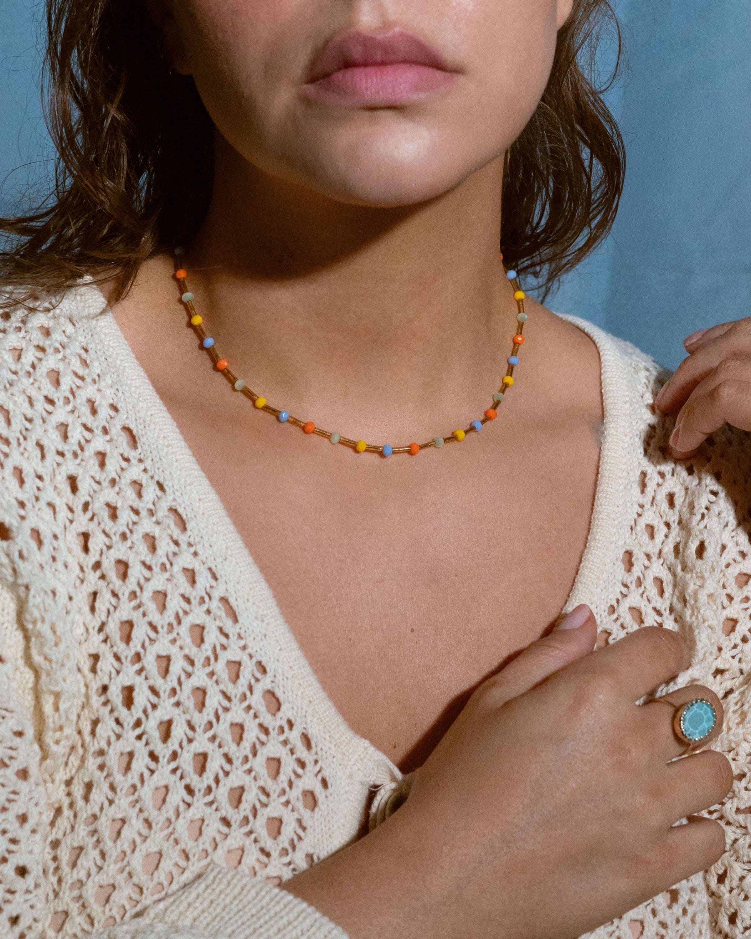 Colorful pastel bead necklace with yellow, orange, blue, and mint green beads on gold-filled chain, dainty summer jewelry for women, festival style choker