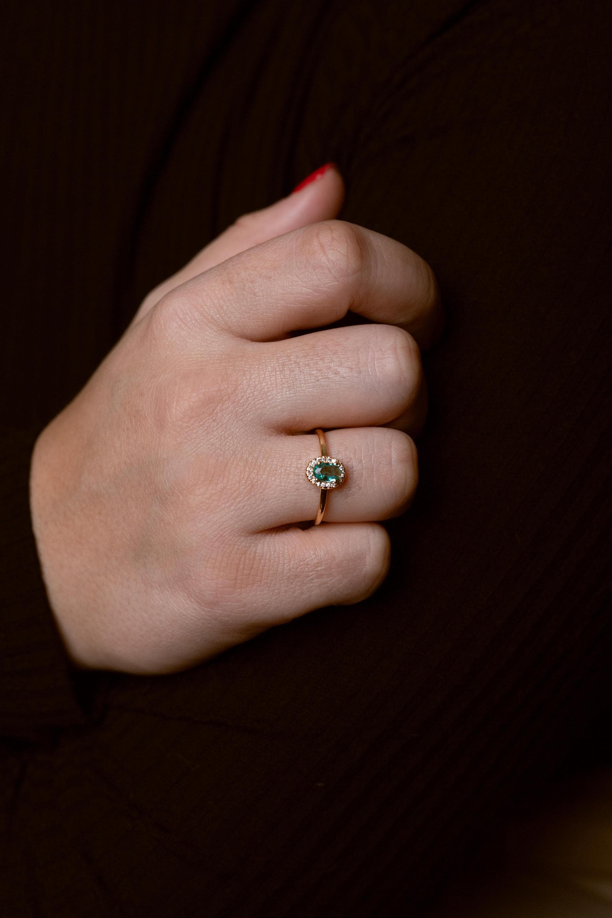 Dainty green zirconia ring with sparkling light green stones on elegant band, versatile Loon Concept jewelry