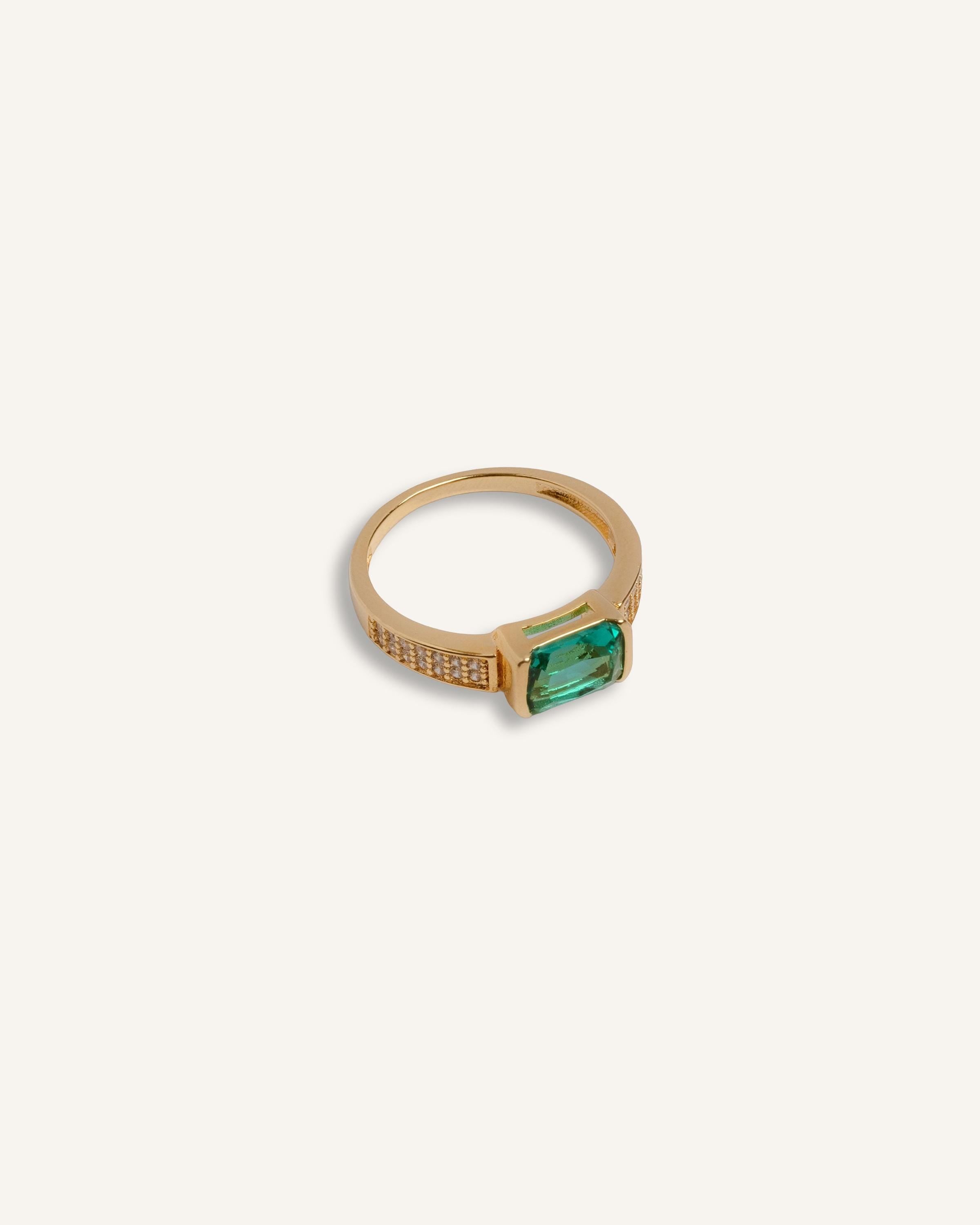 18K Gold Emerald Cut Green Ring: Dainty Sterling Silver Stackable Ring