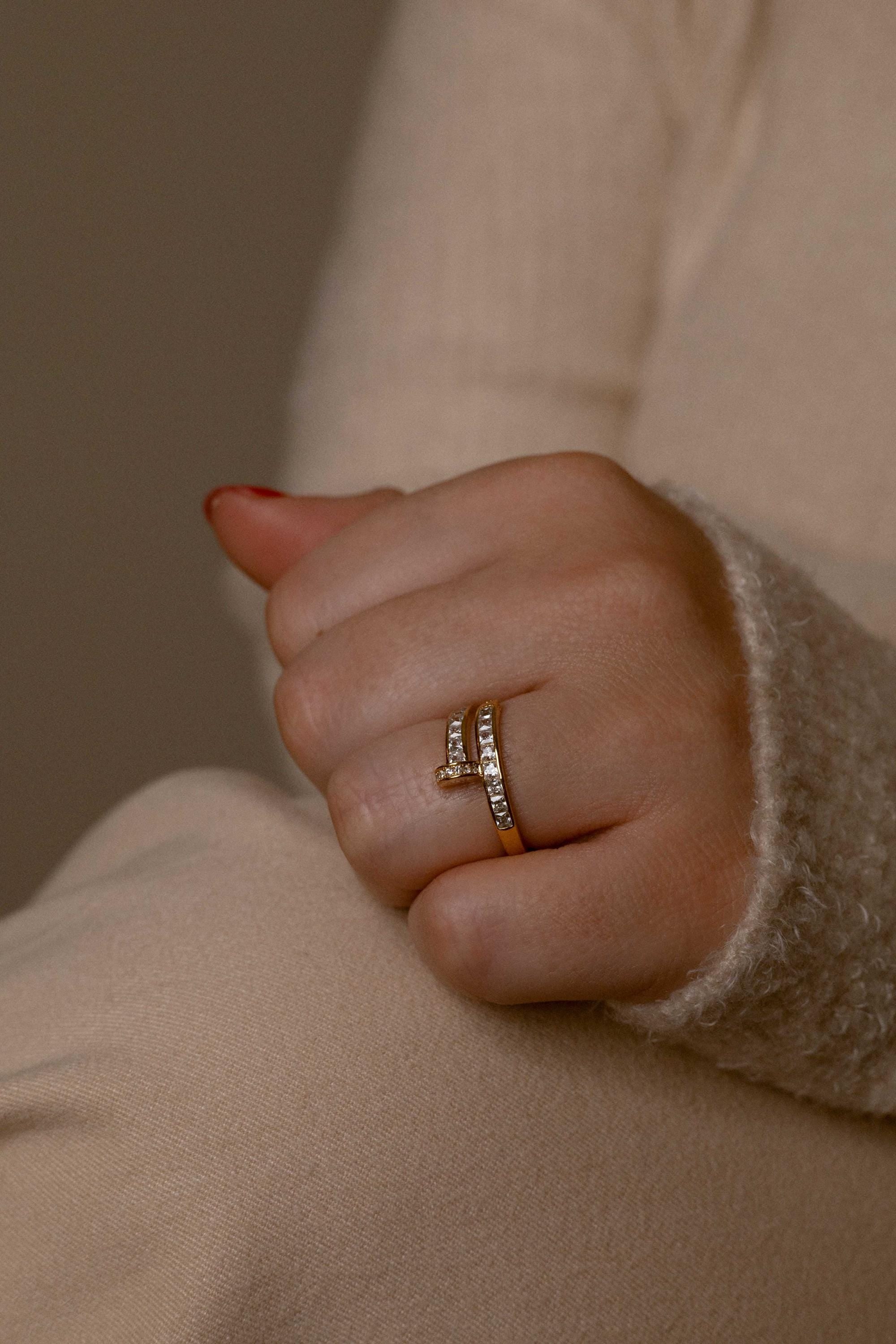 14K Gold Plated Nail Ring with Sparkling Zirconia Stones, Contemporary Statement Jewelry