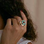 Statement Ring gold plated – Bold Geometric Adjustable Ring with Turquoise and Brown Accents | by Loon Concept