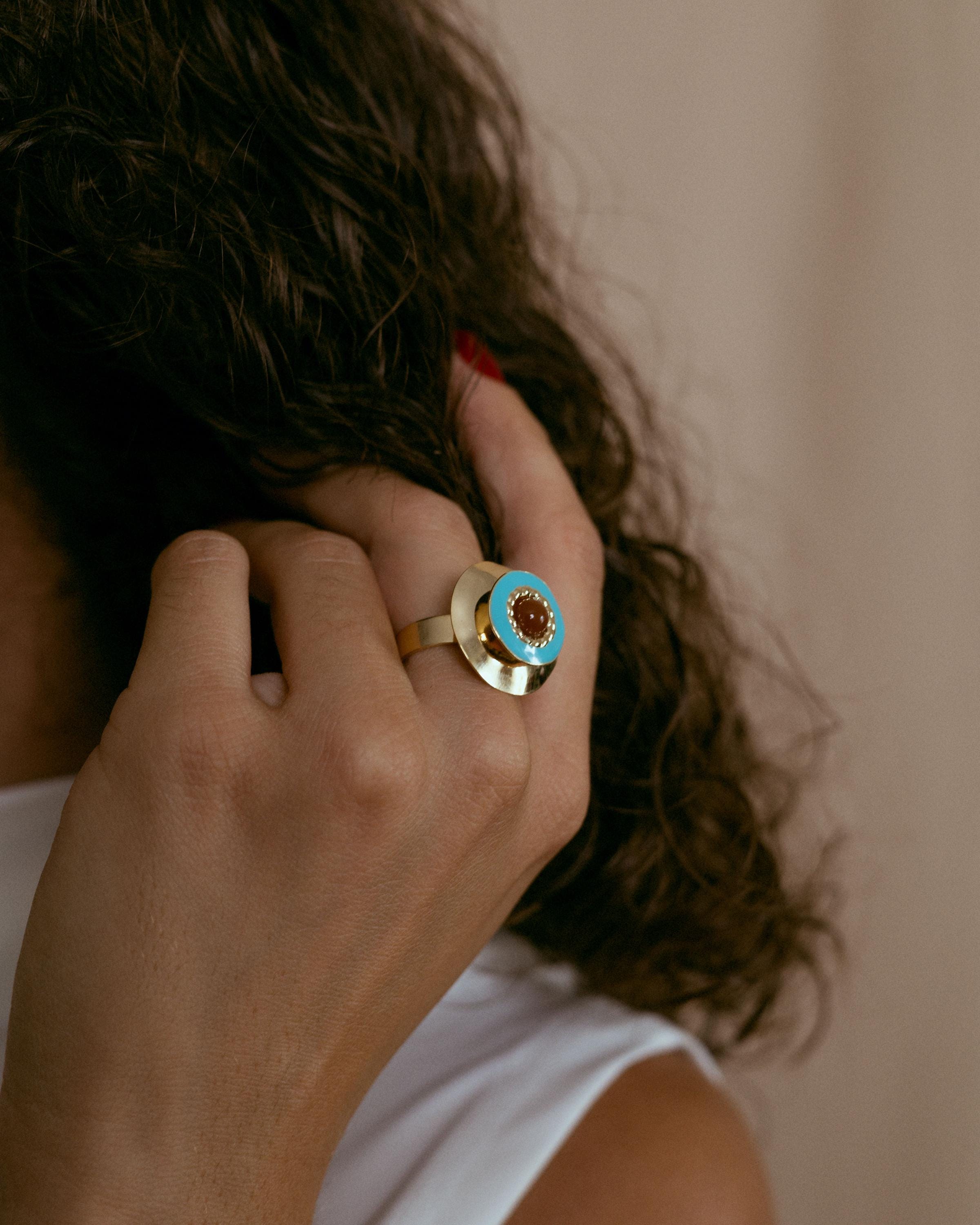 Statement Ring gold plated – Bold Geometric Adjustable Ring with Turquoise and Brown Accents | by Loon Concept