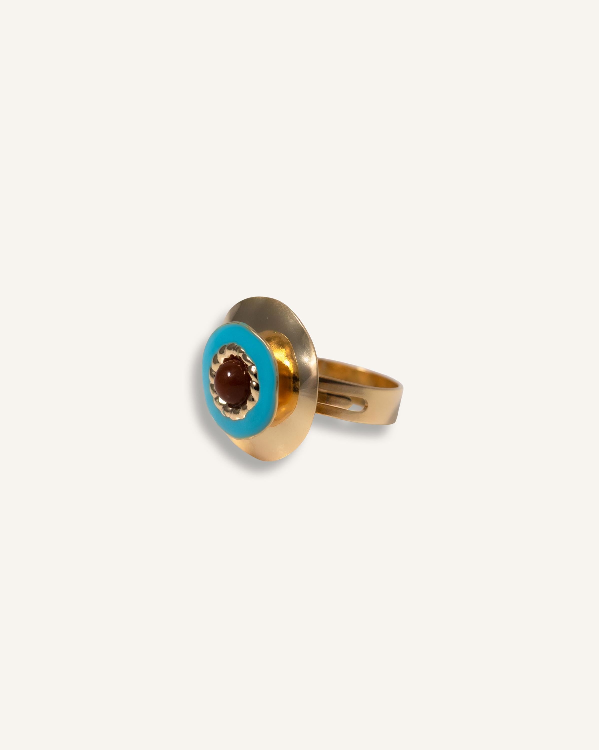 Statement Ring gold plated – Bold Geometric Adjustable Ring with Turquoise and Brown Accents | by Loon Concept