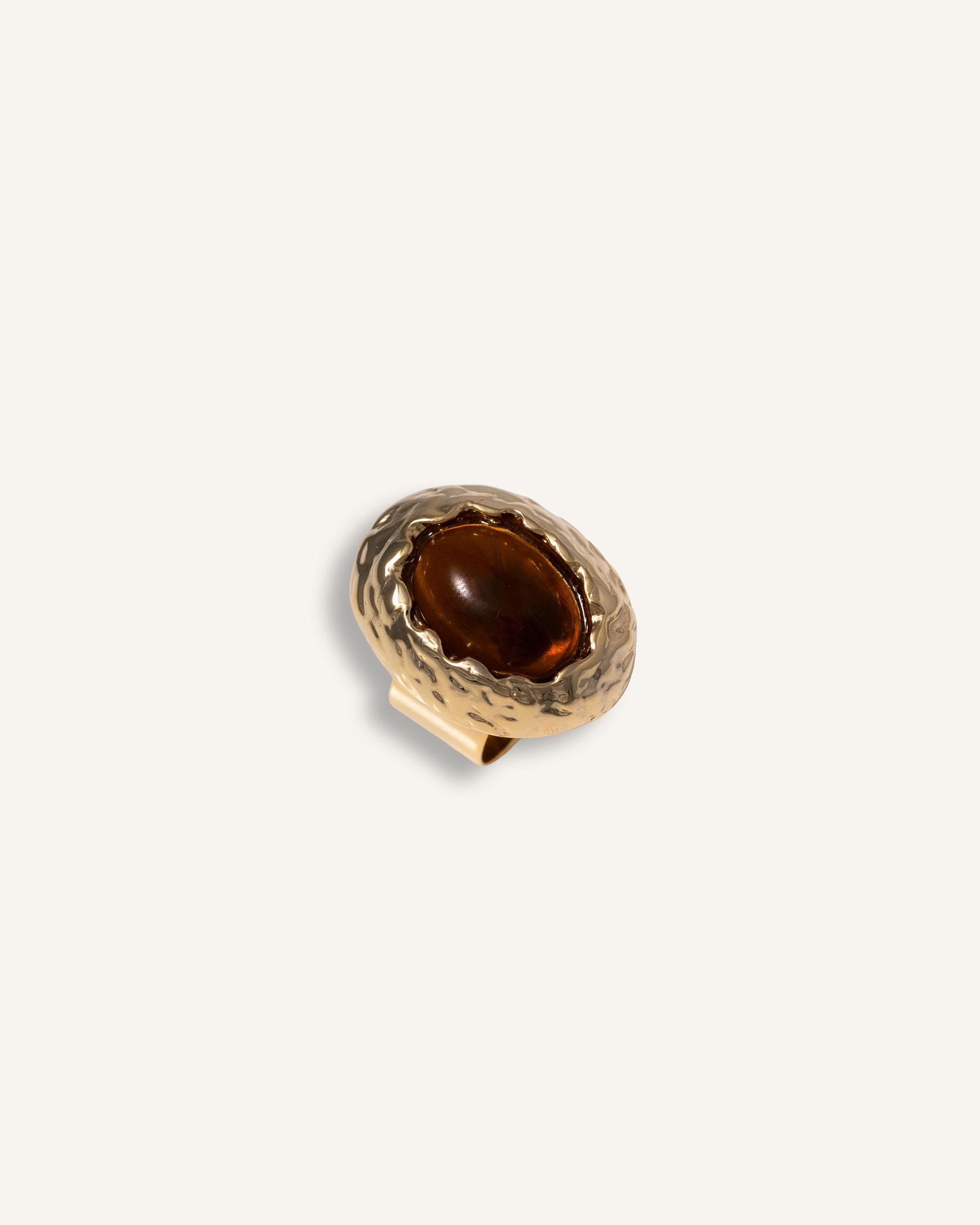 Statement Ring gold plated – Textured Chunky Adjustable Ring with Amber-Toned Gemstone | by Loon Concept