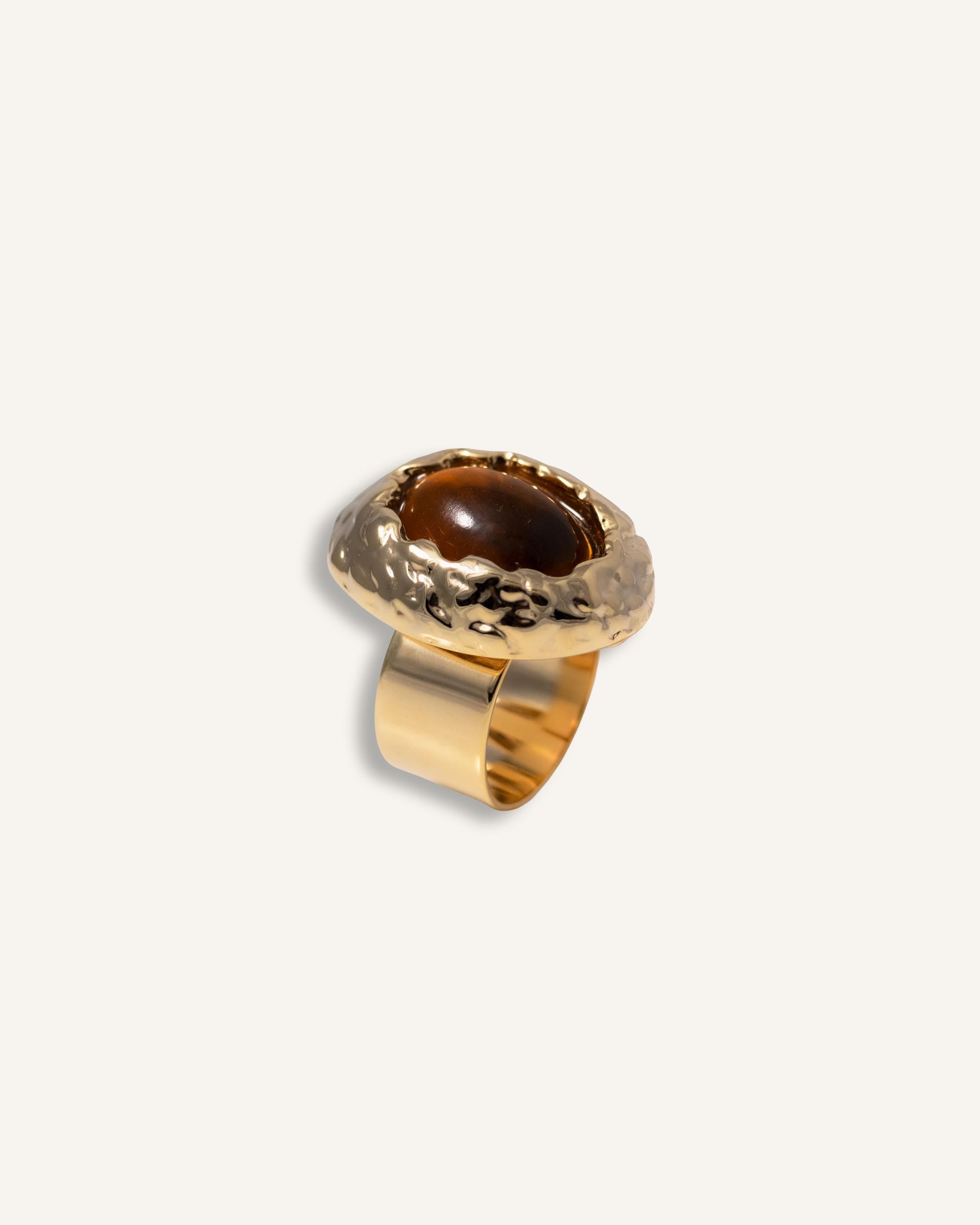 Statement Ring gold plated – Textured Chunky Adjustable Ring with Amber-Toned Gemstone | by Loon Concept