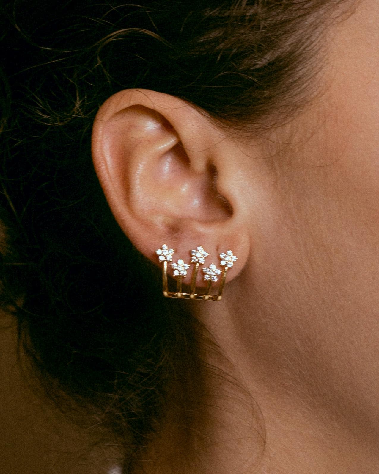 Floral Stud Earrings gold plated – Dainty CZ Flower Ear Jacket Style | Elegant Modern Jewelry by Loon Concept