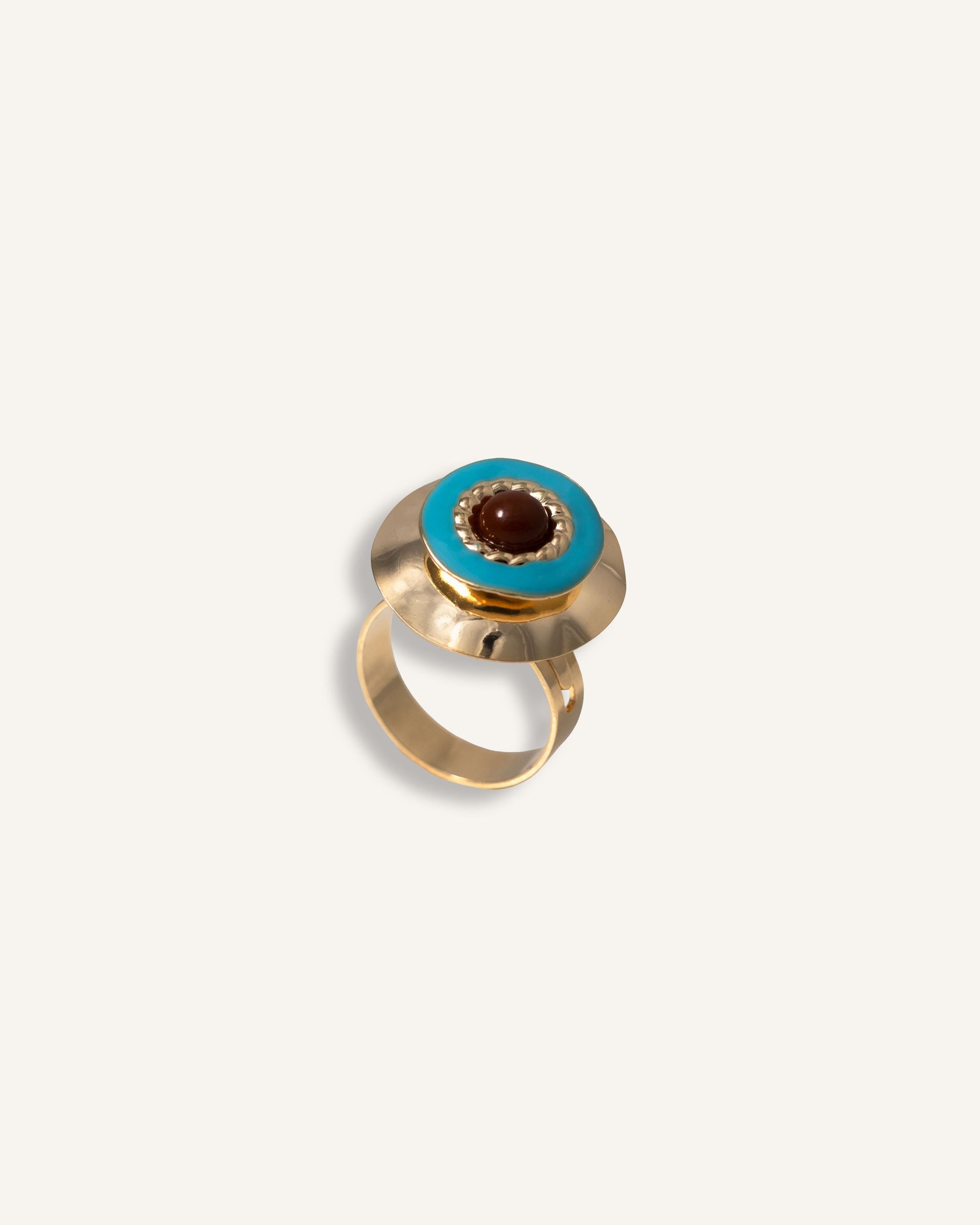 Statement Ring gold plated – Bold Geometric Adjustable Ring with Turquoise and Brown Accents | by Loon Concept