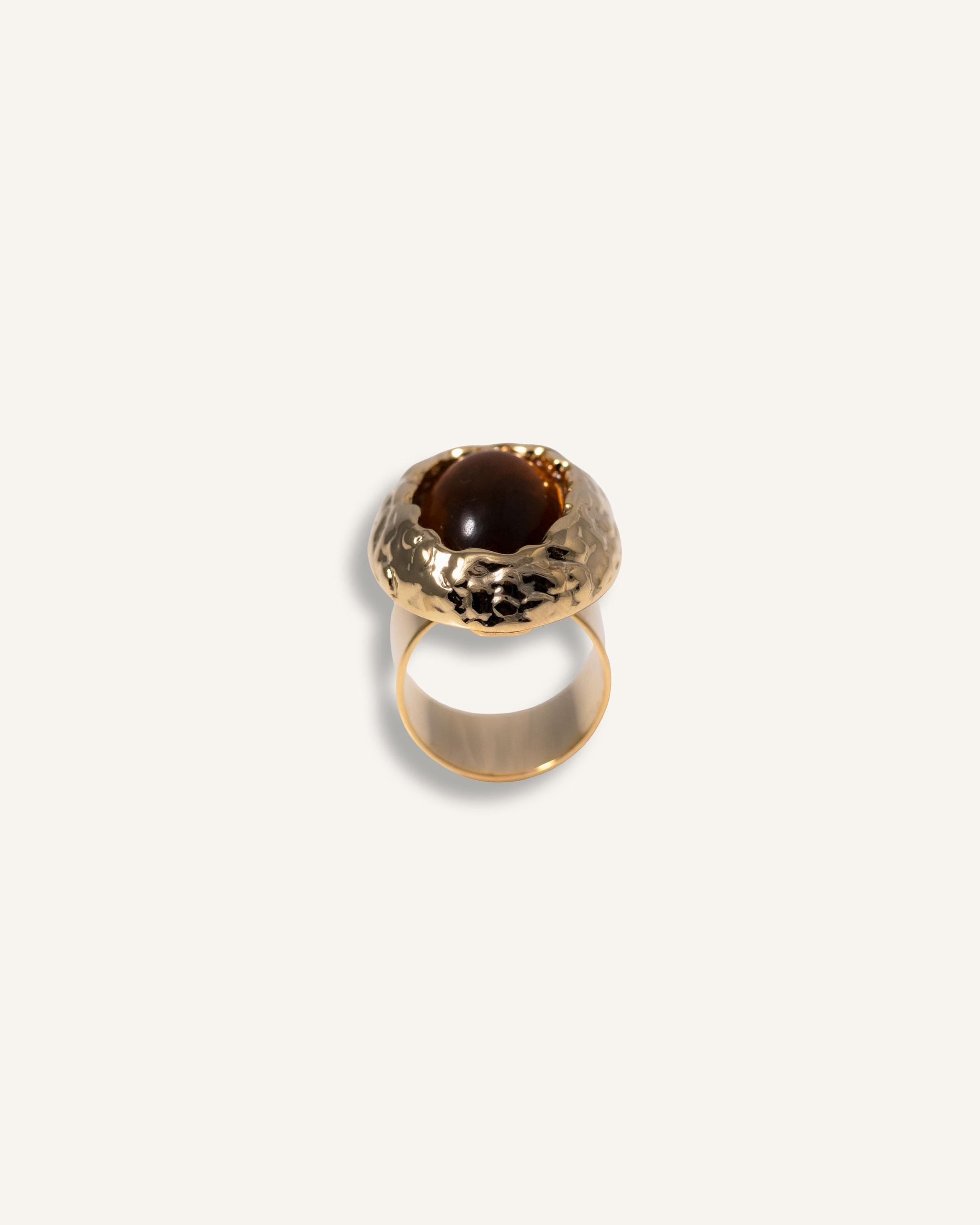 Statement Ring gold plated – Textured Chunky Adjustable Ring with Amber-Toned Gemstone | by Loon Concept