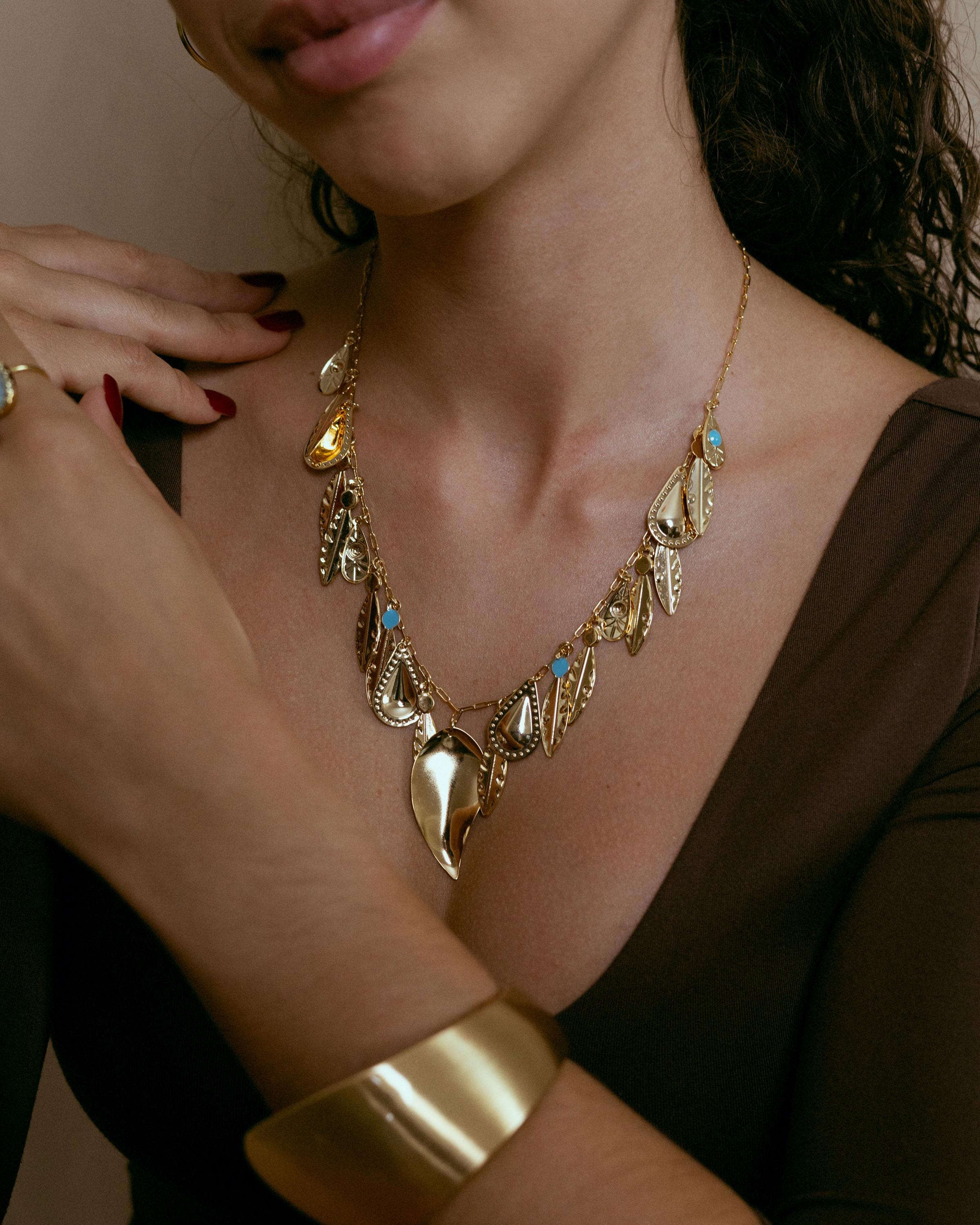 Statement Necklace gold plated – Leaf Charm Drop Necklace | Bold Boho Luxe Jewelry by Loon Concept