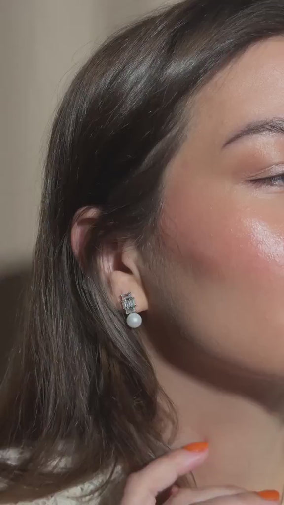 Pearl Drop Earrings rhodium plated – Art Deco Crystal Studs | Loon Concept