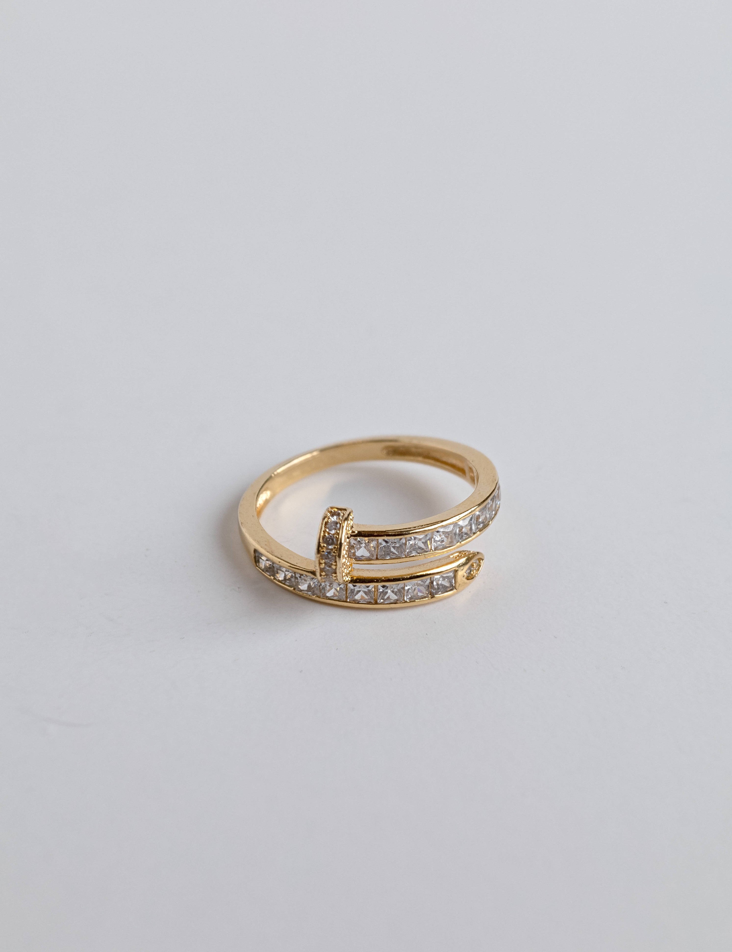 14K Gold Plated Nail Ring with Sparkling Zirconia Stones, Contemporary Statement Jewelry